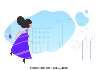 Successful woman flat vector illustration. Wealthy business woman hurrying up, walking in city. Cartoon character isolated clipart. City, trees linear background. Elegant stylish lady in blue dress