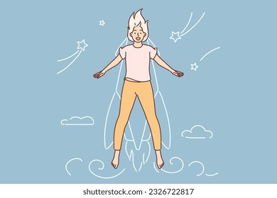 Successful woman flies on fictional rocket symbolizing progress in education or high ambitions to achieve career goals. Girl achieves success in career or launches own profitable business