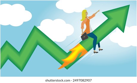 Successful woman flying on upgoing arrow. Dimension 16:9. Vector illustration.