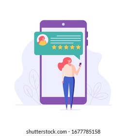 Successful woman gives star, customer review or feedback. Concept of positive review, customer experience, good or bad rating, bubble speeches. Vector illustration in flat design for UI, web banner