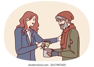 Successful woman helps beggar by giving money for food and lodging to save person has fallen into difficult situation. Merciful businesswoman in formal wear generously helps beggar for charity concept