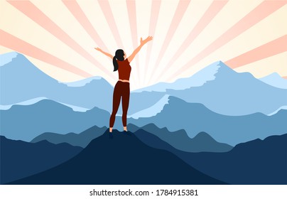 successful woman hiker enjoy  the view with arms open on cliff edge top of mountain and sunshine background.