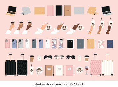 successful woman, lady boss accessories clipart,  girl hand with coffee cup, smartphone, tablet, laptop, planner, notebook, glasses, suitcase, isolated vector illustration
