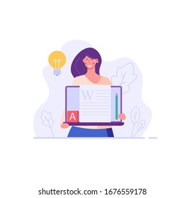 Successful woman with a laptop writing or editing a text. Concept of copywriting, journalism, writing, copyright idea. Vector illustration in flat design.