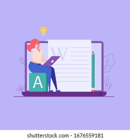 Successful woman with a laptop writing or editing a text. Concept of copywriting, journalism, writing, copyright idea. Vector illustration in flat design.