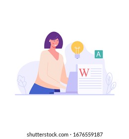 Successful woman with a laptop writing or editing a text. Concept of copywriting, journalism, writing, copyright idea. Vector illustration in flat design.