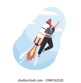 Successful woman launching business startup, flying on rocket with high speed. Development, growth, and aspiration to success concept. Colored flat vector illustration isolated on white background