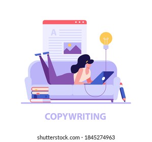 Successful woman lies with laptop, writing or editing a text. Concept of copywriting, journalism, writing, copyright idea, blogging, smm, management. Vector illustration in flat design.