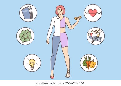 Successful woman maintains life balance by leading healthy lifestyle and achieving success in career or education. Concept of importance of life balance and harmony to achieve goals