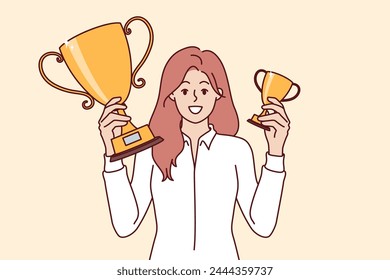 Successful woman manager boasts of gold cups for obtaining leadership position in corporate competitions. Business lady invites employees to participate in trophy drawing for leadership qualities