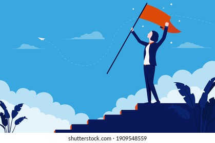 Successful woman on top of the corporate ladder celebrating victory. Female businessperson with raised flag and hands in air celebrating career success. Vector illustration.