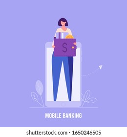 Successful woman puts money on wallet with coins and credit card. Concept of banking, e-wallet, deposit, cash back. Vector illustration in flat design for UI, web banner, mobile app