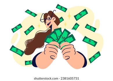 Successful woman rejoices at money rain and holds dollar bills in hands, wanting to share moneymaking ways. Rich girl makes good money thanks to professional skills or profitable investments