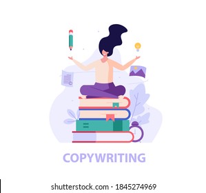 Successful woman sitting on books, writing or editing a text, invents idea. Concept of copywriting, journalism, writing, copyright idea, blogging, smm, management. Vector illustration in flat design.