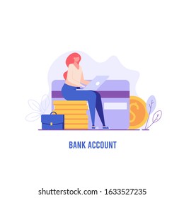 Successful woman sitting working on laptop with credit card, coins and portfolio. Concept of bank account, banking, deposit, business assistance. Vector illustration in flat design for UI, web banner