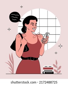 Successful woman smiles. Girl holding smartphone in hand, reading text message. Happy entrepreneur achieves goals and completes tasks. Confidence, determination. Cartoon flat vector illustration.