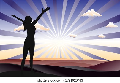 Successful woman standing on filed with arms open  and sunshine background.