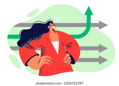 Successful woman stands near arrows symbolizing business analytics and increasing income. Successful female marketer is proud of professional achievements and growth of clients in corporation