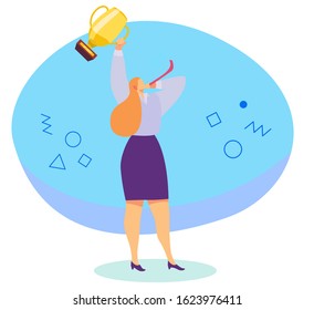 Successful woman with trophy cup, award winner champion, vector illustration. Businesswoman holding golden prize, celebrating victory. Win competition, business career success. Best achievement award