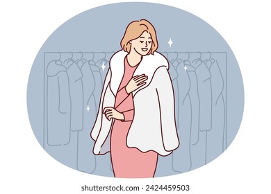 Successful woman trying on natural fur coat stands in winter outerwear store. Blond-haired lady located near rack with jackets choosing right thing for own wardrobe. Flat vector illustration