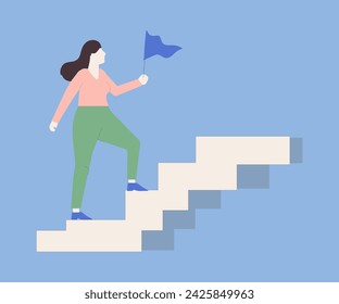 Successful woman walking up stair and holding hands flag to the victory.	
