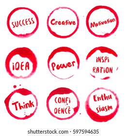 Successful Words collection of round watercolor stains with success, idea, creative, motivation, power, think, confidence, inspiration, enthusiasm text. Set of vector Successful Words stamps.