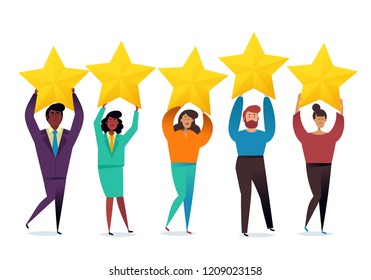 Successful work. Best estimate of performance, the score of five points. people leave feedback and comments. Highest score. Business concept vector illustration.