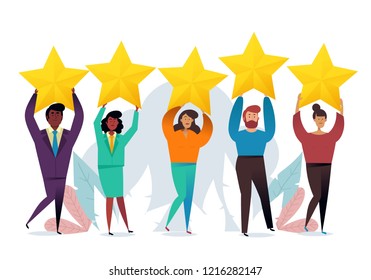 Successful work. Best estimate of performance, the score of five points. people leave feedback and comments. Highest score. Business concept vector illustration.