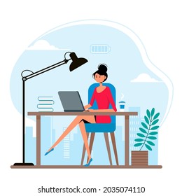 Successful work concept illustration with female office worker sitting at the table. Vector illustration in a flat style.