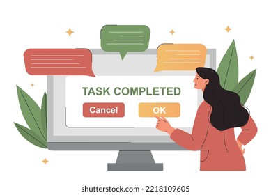 Successful work concept. Woman confirms completion of task. Remote employee or freelancer. Character next to computer. Modern technologies and digital world. Cartoon flat vector illustration