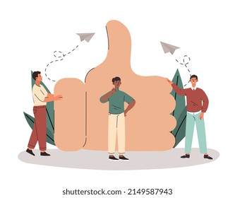 Successful work or feedback concept. Satisfied men stand next to big thumbs up gesture and leave positive feedback or comments. Five points or better performance. Cartoon flat vector illustration