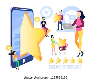 Successful work, feedback, online store rating, rating 5 points, people leave online reviews about products. Vector illustration
