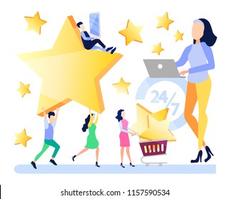 Successful work, feedback, online store rating, rating 5 points, people leave online reviews about products. Vector illustration