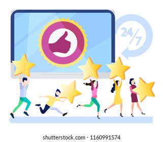Successful work, feedback, online store rating, rating 5 points, people leave online reviews about products. Vector illustration
