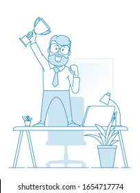 Trabajo exitoso. Un hombre está de pie sobre la mesa con una copa campeona en la mano. El concepto de alegría impresionante de la victoria. Carácter - un hombre con barba y gafas. Vector en estilo de arte en línea