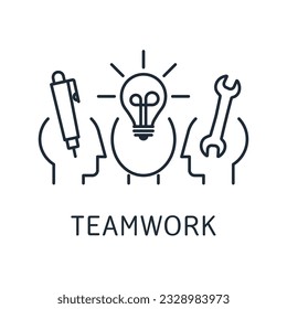 Successful work in a team. Distribution of tasks, labor, responsibility.Vector linear icon isolated on white background.