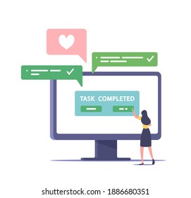 Successful Work Well Done. Tiny Business Woman Character Put Button Task Completed at Huge Computer Monitor at Office Workplace, Goal Achievement, Planning, Organization. Cartoon Vector Illustration