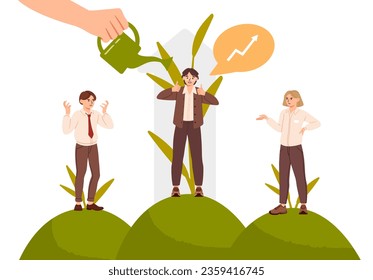 Successful worker concept. Hand with watering can near employees. Motivation and leadership, success. Best and hardworking manager. Efficient business process. Cartoon flat vector illustration