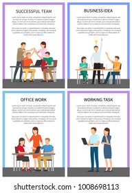 Successful working team business idea banners vector illustration, text sample, colorful frames, gadgets on tables, lot of workers, white background