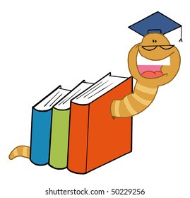 Successful Worm Graduate Crawling Through Colorful Books