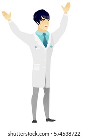 Successful young asian doctor jumping with raised arms up. Full length of happy doctor jumping in the air and celebrating success. Vector flat design illustration isolated on white background.