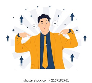 Successful Young Business man with high self esteem and confidence dressed in stylish suit, pointing at himself with fingers proud and happy concept illustration