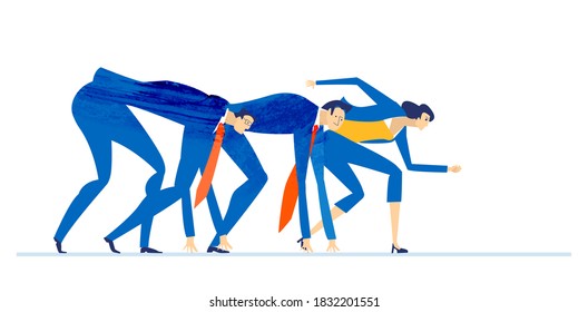 Successful young business people stands at start line are ready start marathon for better professional position, win the deal, money raise. Business concept illustration.