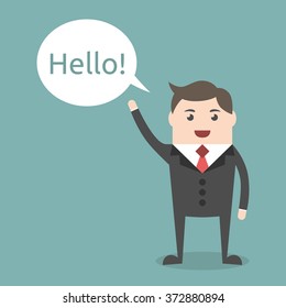 Successful young businessman character saying hello with speech bubble, front view. Business, job, professional, consultant concept. EPS 8 vector illustration, no transparency