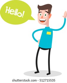 Successful young businessman character saying hello with speech bubble, front view. Business, job, professional, consultant concept. vector illustration