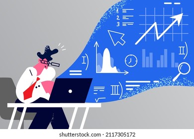 Successful young businessman in glasses sit in office work on computer with graphs and charts. Confident male employee or analyst sell on stock exchange market. Flat vector illustration. 