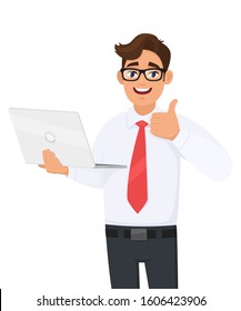 Successful young businessman holding laptop computer and making thumbs up gesture. Person showing  good, agree or approval sign. Modern lifestyle, digital technology illustration in vector cartoon.