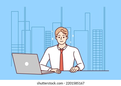 Successful young businessman sit at desk in modern office working on computer. Smiling male employee work on laptop in company workplace. Vector illustration. 