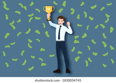 A successful young businessman in suit with smiley face wear red cape holding a gold trophy cup. Business people raise up an winner award under the money rain. A leader male character success concept.