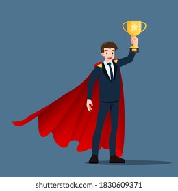 A successful young businessman in suit with smiley face, wear red cape raise up & holding a gold trophy cup. Winner or leader male character with business success concept.